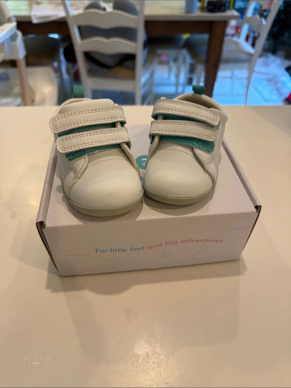 Ten Little White Baby Walker Shoes with Teal Accent - Easy Velcro Closure